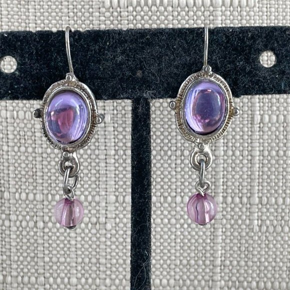 Vintage Earring Silver Tone Purple Faux Stone Drop Down Earring Jewelry - Picture 6 of 9